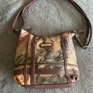 Koret Floral Crossbody Bag with Brown Trim and Gold Plaque